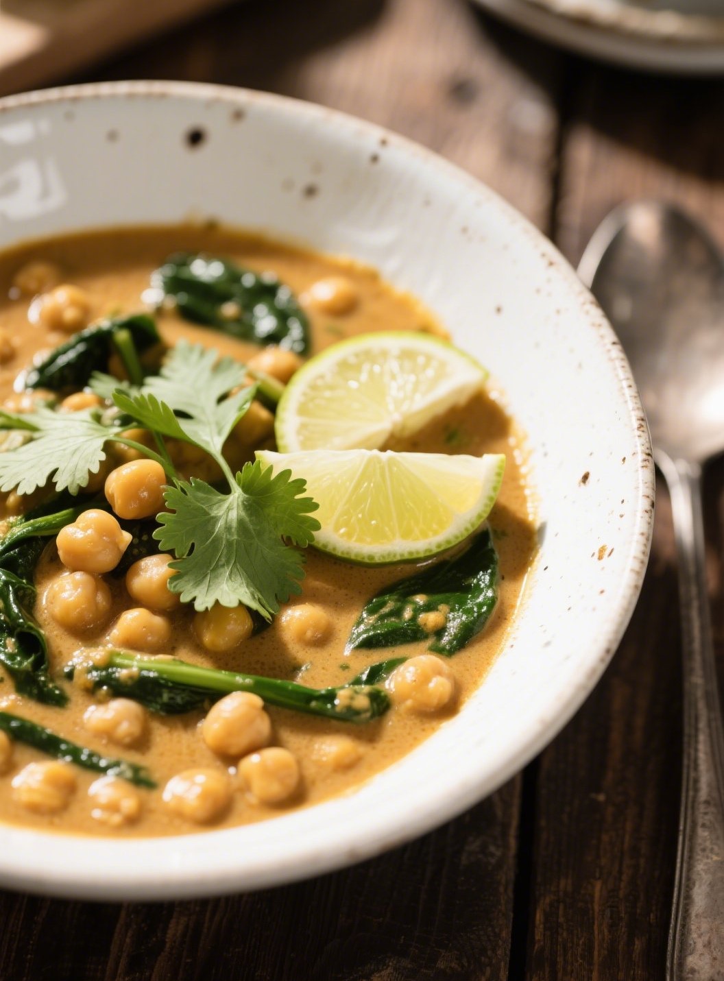 Chickpea spinach curry in white bowl with cilantro and lime