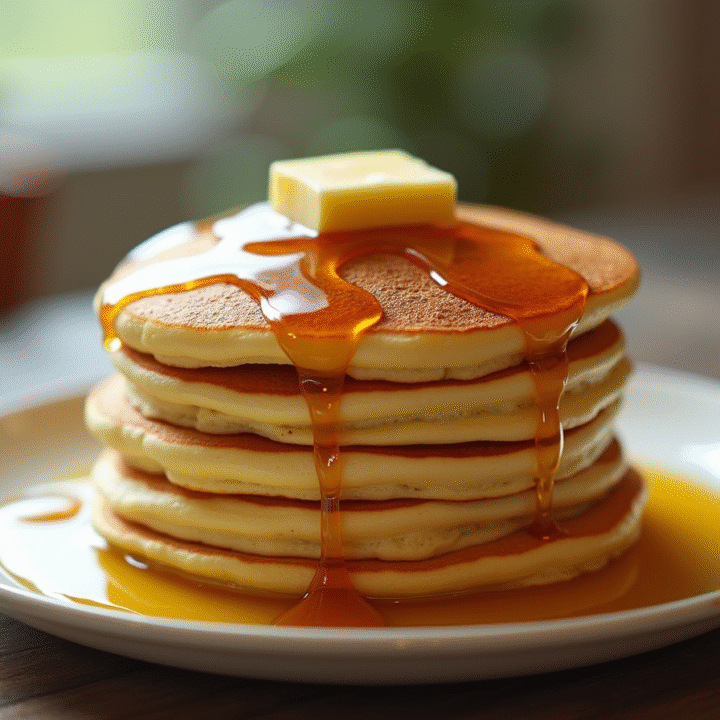 Fluffy American pancakes stacked with syrup and butter