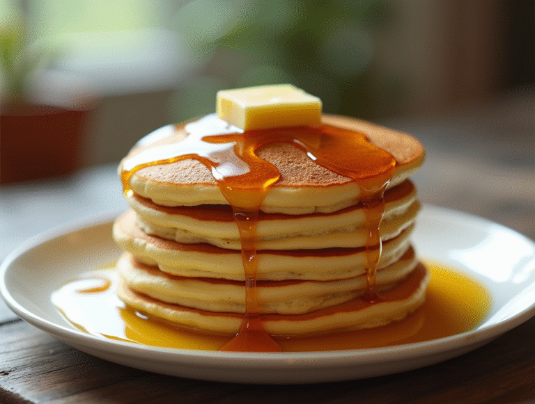 Fluffy American pancakes stacked with syrup and butter
