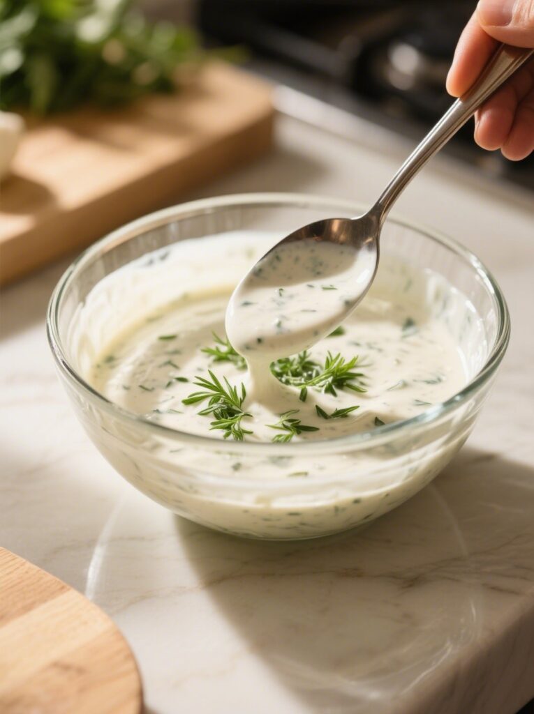 Close-up of a spoon stirring homemade keto ranch dressing in a glass bowl with ... Homemade keto ranch dressing stirred in bowl