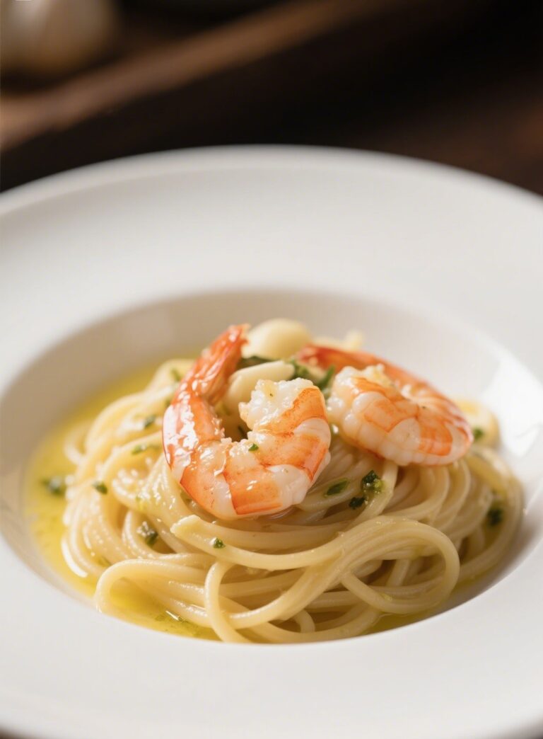 Garlic butter shrimp pasta served on ceramic plate