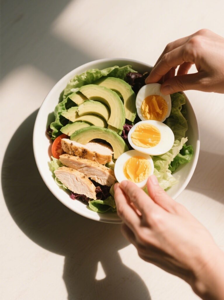 Assembling a keto cobb salad with avocado and chicken