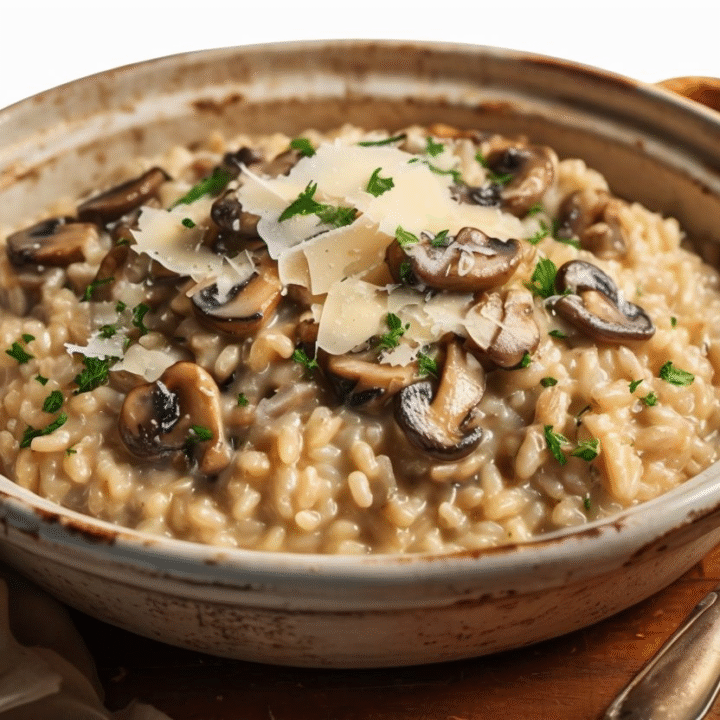 A bowl of creamy mushroom risotto topped with Parmesan cheese and parsley on a wooden table