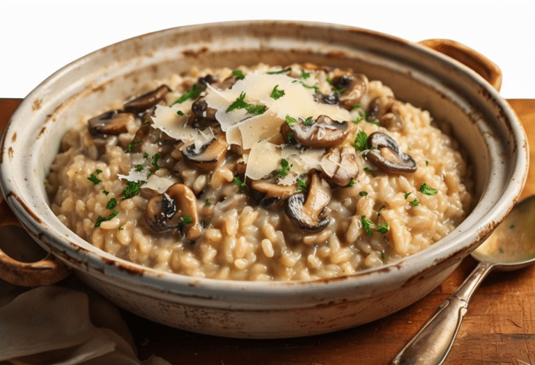 A bowl of creamy mushroom risotto topped with Parmesan cheese and parsley on a wooden table