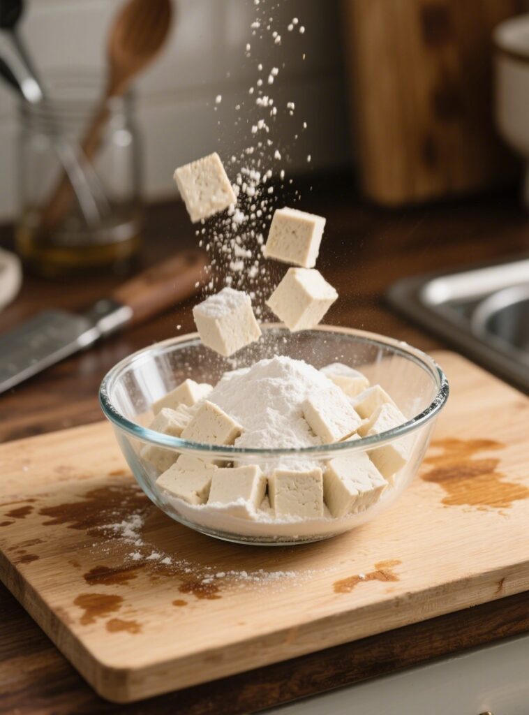 Pressed tofu tossed in cornstarch for stir fry