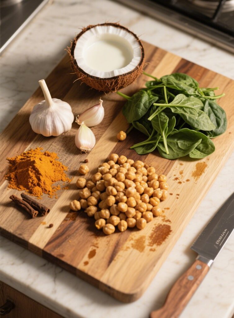 Ingredients for chickpea spinach curry on wood board