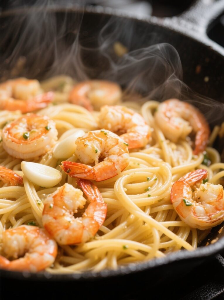 Garlic butter shrimp pasta cooking in skillet