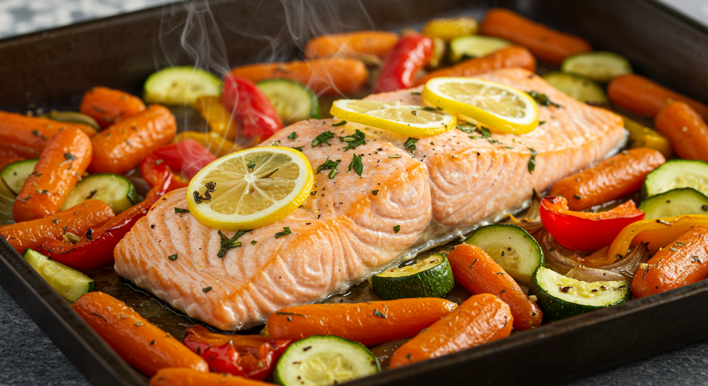 One-pan baked salmon fillet with lemon slices, fresh herbs, and colorful roasted vegetables on a sheet pan