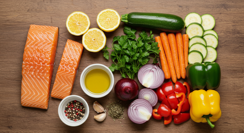 Ingredients for Lemon Herb Salmon and Roasted Vegetables – Flat Lay Fresh ingredients for one-pan lemon herb salmon including raw salmon fillets, lemon, garlic, olive oil, herbs, and colorful chopped vegetables on a wooden surface.