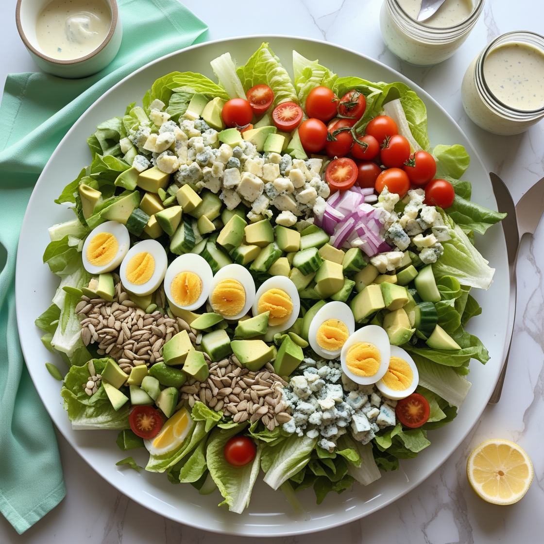 ow-carb vegetarian cobb salad with homemade ranch dressing, styled with Poppins font text for healthy lunch recipe