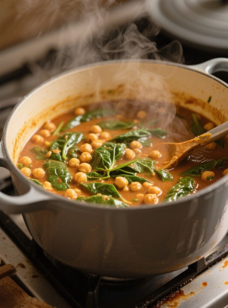 Mid-cooking photo of chickpea spinach curry simmering in a large pot, steam ris... Chickpea spinach curry simmering in pot with steam