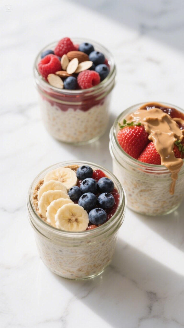 Three mason jars filled with creamy overnight oats topped with fresh berries, banana slices, and peanut butter drizzle on a marble countertop