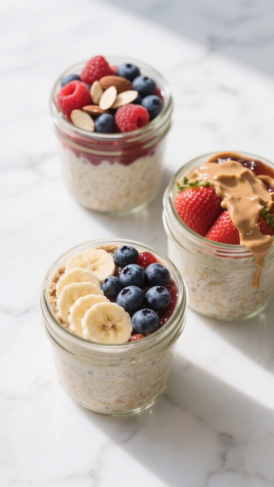 Three mason jars filled with creamy overnight oats topped with fresh berries, banana slices, and peanut butter drizzle on a marble countertop