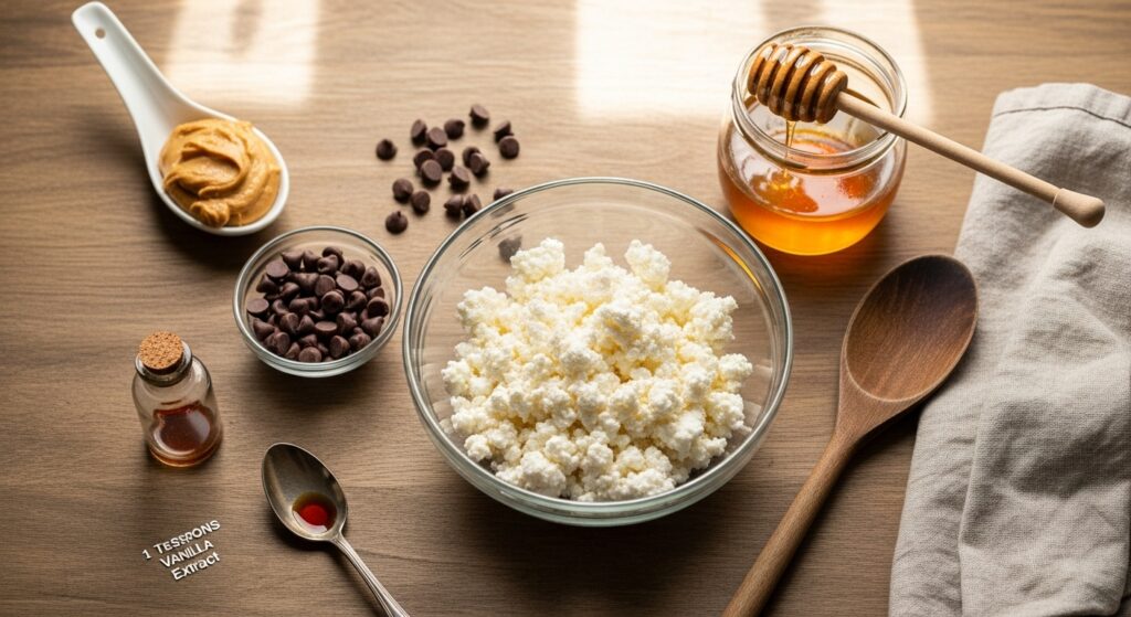 Overhead photo of cottage cheese ice cream ingredients arranged on a wooden table: a glass bowl of creamy full-fat cottage cheese, a small jar of golden honey with a wooden dipper, a white spoon with smooth peanut butter, a glass bowl of semi-sweet chocolate chips, and a small vintage bottle of vanilla extract, all illuminated by natural daylight with soft shadows.”