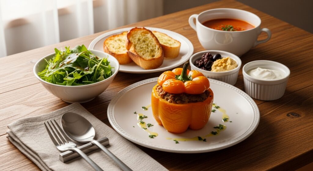 Realistic dinner setup with stuffed bell pepper, green salad, tomato soup, bread, yogurt, and Mediterranean dips on a wooden table