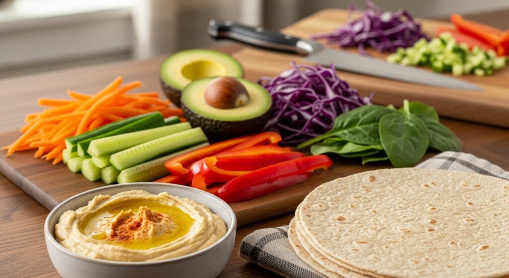 Side-angle view of fresh veggie wrap ingredients on a wooden kitchen counter, including a bowl of hummus with olive oil, whole wheat tortillas, julienned carrots, cucumber sticks, red bell pepper, avocado halves, purple cabbage, and spinach, with natural side lighting and a rustic kitchen background.