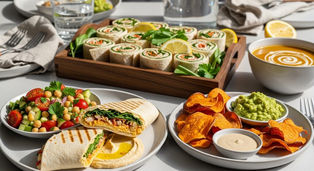 Side view of a veggie wrap with hummus served with a Mediterranean chickpea salad, sweet potato chips, guacamole, and tahini sauce, with wrap pinwheels on a party platter and a bowl of lentil soup in the background, styled on a rustic table with natural side lighting.