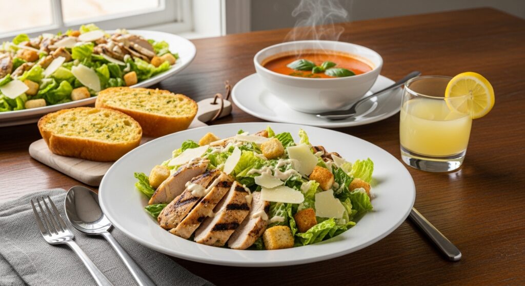 Side view of Grilled Chicken Caesar Salad on a white ceramic plate served with garlic bread, tomato basil soup, and a glass of lemon juice on a rustic wooden dining table with natural daylight