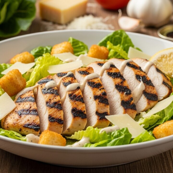 Grilled Chicken Caesar Salad in a white bowl with romaine lettuce, sliced grilled chicken breast, Parmesan cheese, croutons, and creamy Caesar dressing on a rustic wooden table