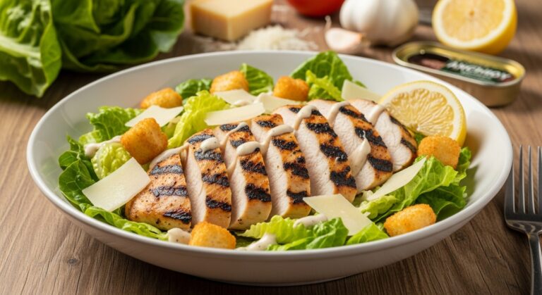 Grilled Chicken Caesar Salad in a white bowl with romaine lettuce, sliced grilled chicken breast, Parmesan cheese, croutons, and creamy Caesar dressing on a rustic wooden table