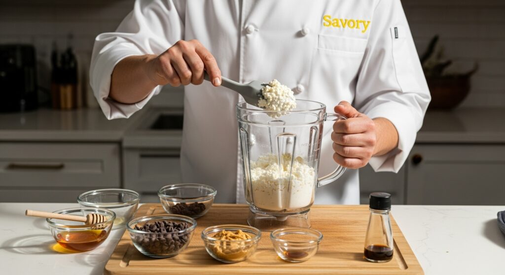“Home“Home chef wearing a white uniform with a yellow embroidered ‘Savory’ logo, preparing cottage cheese ice cream by scooping ingredients into a blender; face not visible, only hands and torso shown with neatly arranged ingredients on a wooden countertop.”
by scooping ingredients into a blender; face not visible, only hands and torso shown with neatly arranged ingredients on a wooden countertop.”
