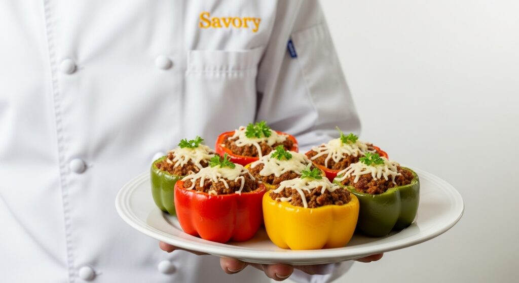 Chef in white jacket embroidered with 'Savory' in yellow holding a plate of stuffed bell peppers without their tops