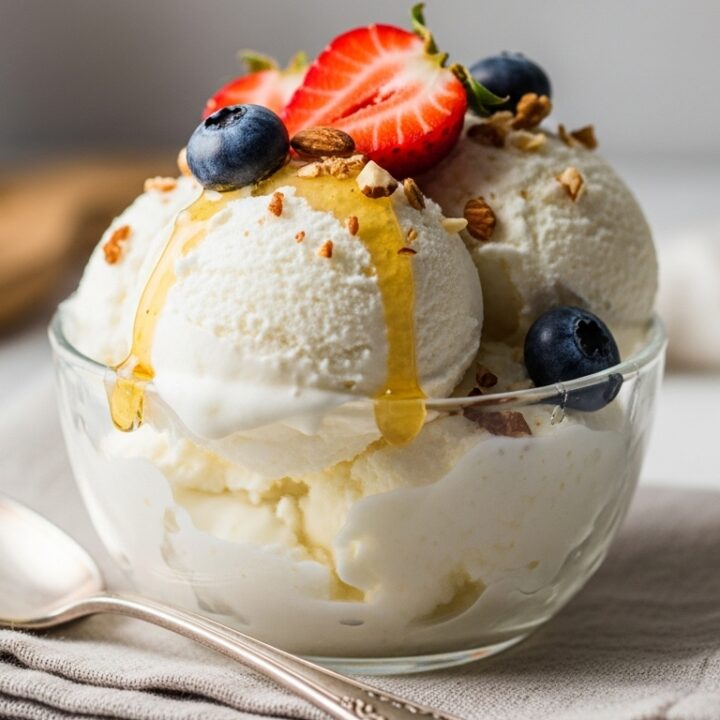 “Creamy cottage cheese ice cream served in a dessert bowl, topped with fresh strawberries, blueberries, a drizzle of honey, and chopped almonds, styled on a linen napkin with a spoon beside it.”