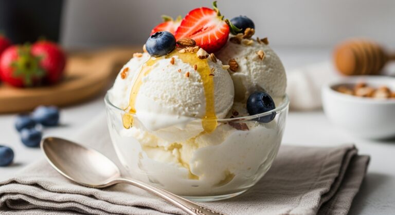 “Creamy cottage cheese ice cream served in a dessert bowl, topped with fresh strawberries, blueberries, a drizzle of honey, and chopped almonds, styled on a linen napkin with a spoon beside it.”