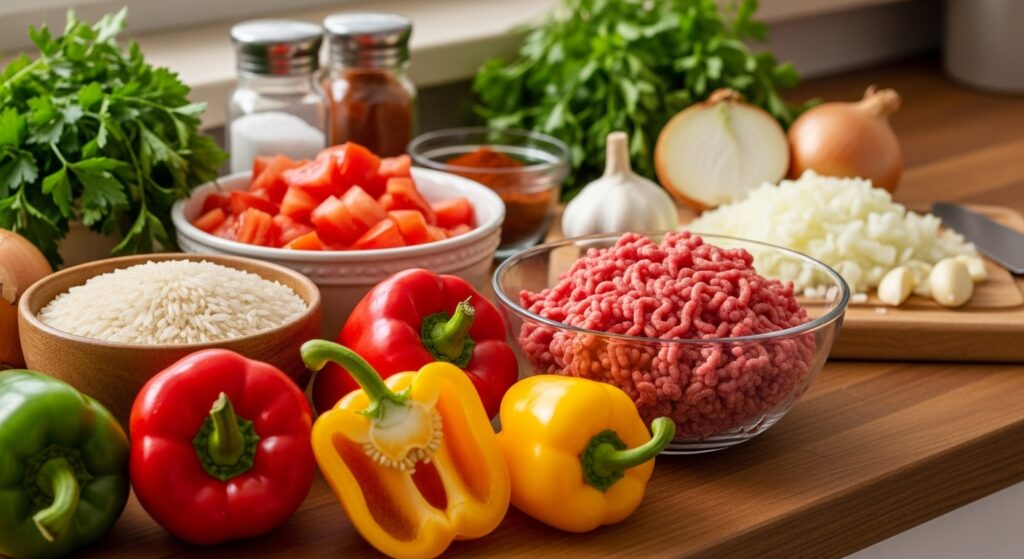 Side-angle view of whole bell peppers with ground beef, rice, tomatoes, spices, and olive oil on a wooden kitchen counter