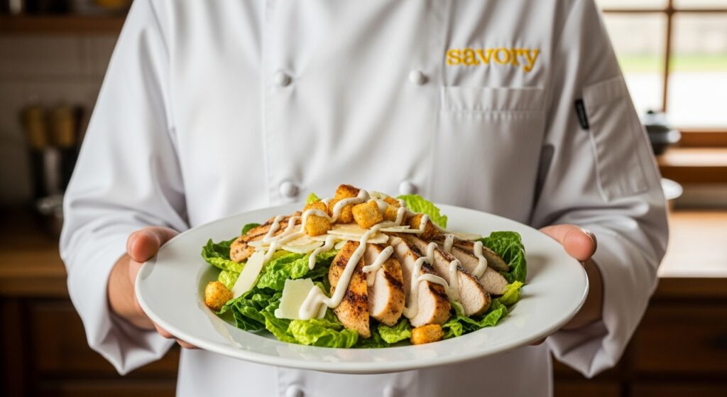 Chef wearing white jacket with yellow "savory" embroidery presenting a plated Grilled Chicken Caesar Salad with grilled chicken, romaine lettuce, Parmesan, and croutons in a rustic kitchen setting