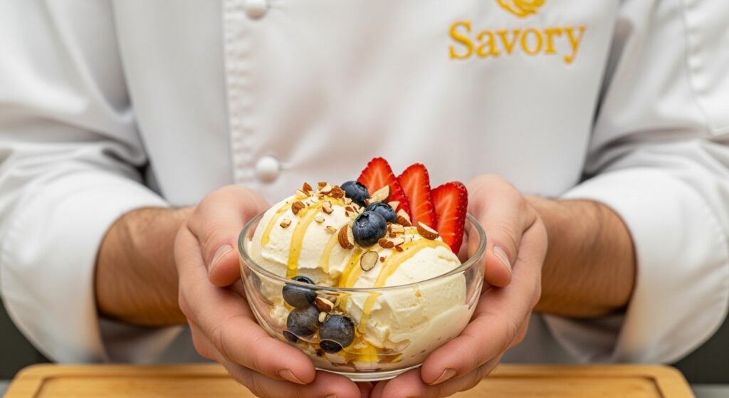 “Chef presenting a bowl of cottage cheese ice cream topped with fresh berries, honey, and chopped almonds; wearing a white chef coat with a realistic yellow embroidered ‘Savory’ logo, face not visible.”