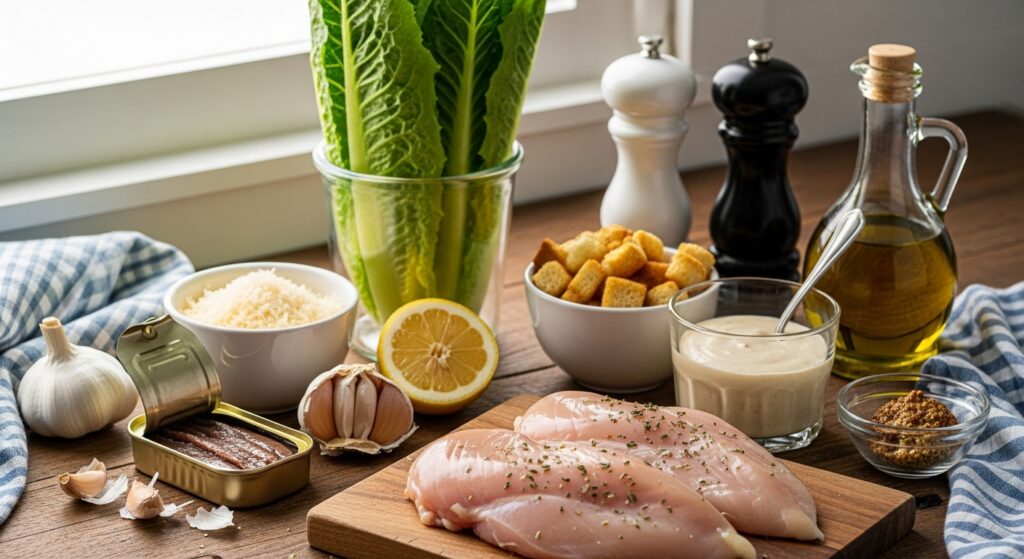Side view of Grilled Chicken Caesar Salad ingredients on a rustic kitchen counter, including raw seasoned chicken breasts, romaine lettuce, Parmesan, croutons, Caesar dressing, lemon, garlic, anchovies, mustard, and olive oil