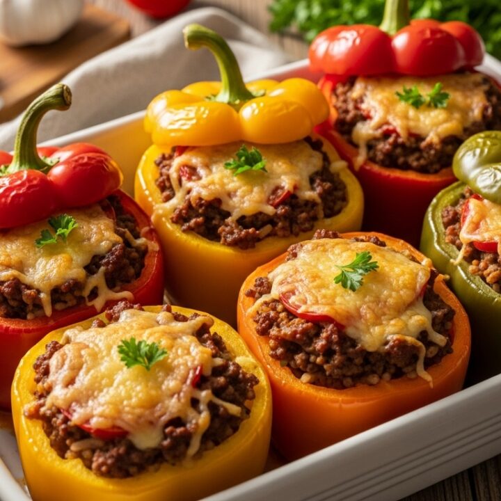 Stuffed bell peppers filled with rice, ground beef, and melted cheese, served in a white baking dish and garnished with fresh parsley