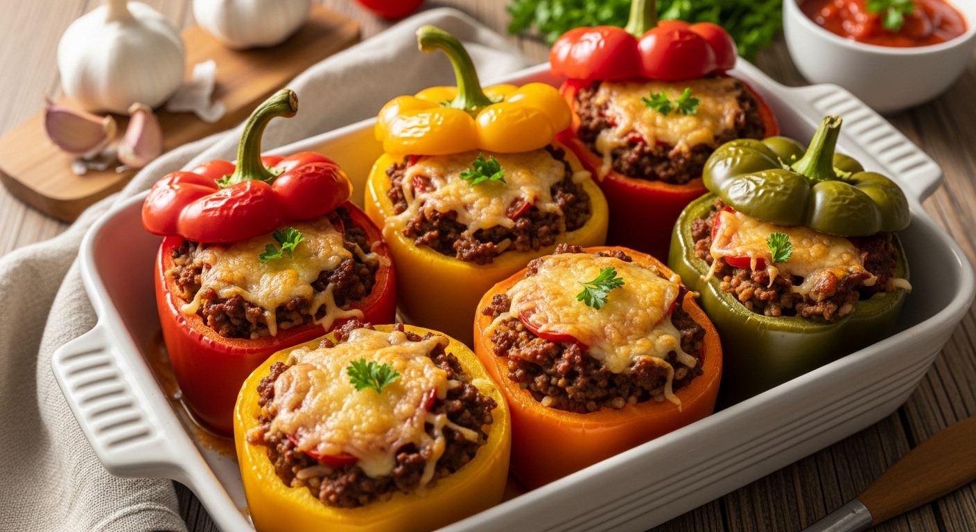 Stuffed bell peppers filled with rice, ground beef, and melted cheese, served in a white baking dish and garnished with fresh parsley