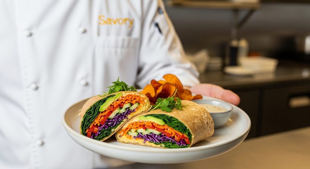 Side view of a chef in a white coat with “Savory” embroidered in yellow, presenting a veggie wrap with hummus on a ceramic plate, filled with colorful vegetables and served with sweet potato chips and tahini sauce, in a softly lit professional kitchen.
