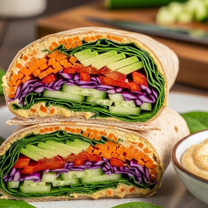 Side view of a veggie wrap with hummus, cut in half to show colorful layers of carrots, cucumber, red bell pepper, purple cabbage, spinach, and avocado inside a whole wheat tortilla. Served on a ceramic plate with a small bowl of hummus drizzled with olive oil, photographed in natural light with a rustic kitchen background.