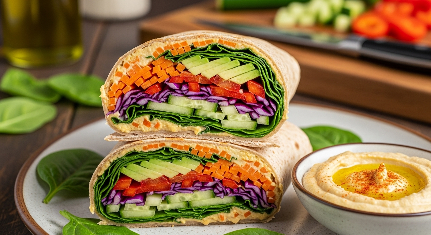 Side view of a veggie wrap with hummus, cut in half to show colorful layers of carrots, cucumber, red bell pepper, purple cabbage, spinach, and avocado inside a whole wheat tortilla. Served on a ceramic plate with a small bowl of hummus drizzled with olive oil, photographed in natural light with a rustic kitchen background.