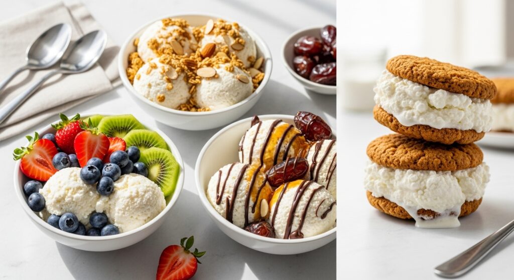 “Cottage cheese ice cream served with various toppings: one bowl topped with fresh strawberries, blueberries, and kiwi slices; another with granola and crushed nuts; a third drizzled with date syrup and melted dark chocolate; plus a healthy ice cream sandwich made with oatmeal cookies.”