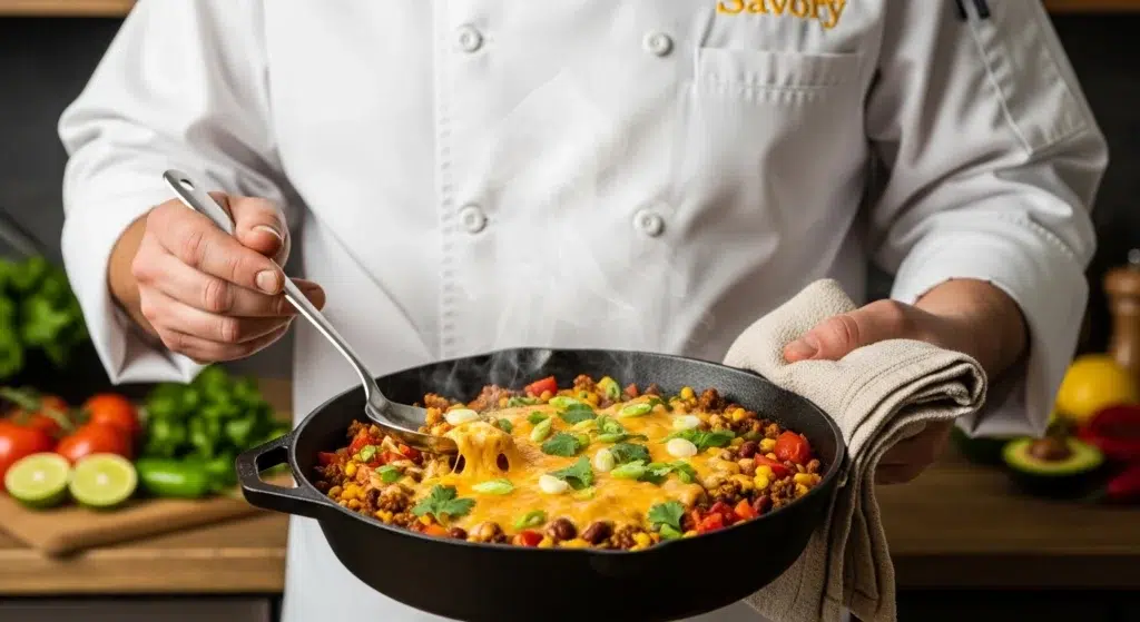 Chef in white uniform with 'Savory' logo presenting a hot One Pot Taco Skillet with beef, veggies, and melted cheese, steam rising, in a rustic kitchen setting.