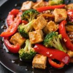 Crispy tofu stir fry with vegetables on black plate