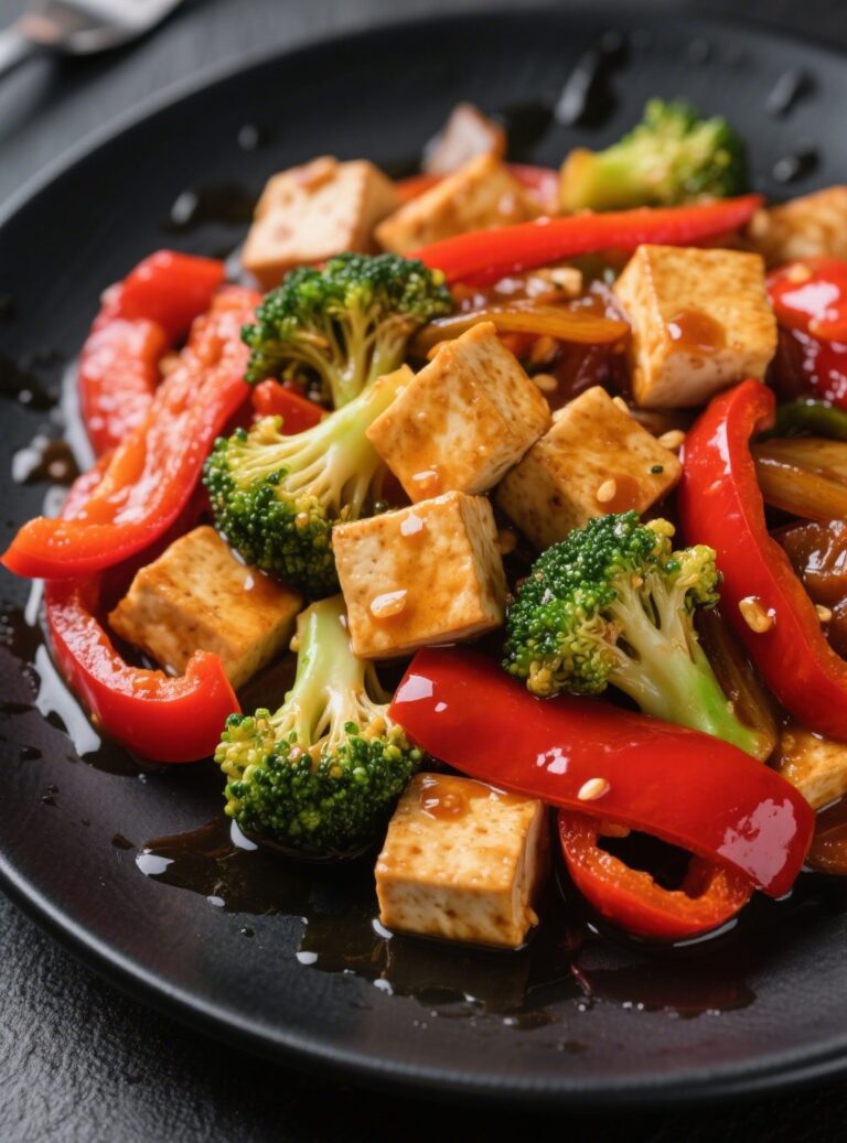 Crispy tofu stir fry with vegetables on black plate