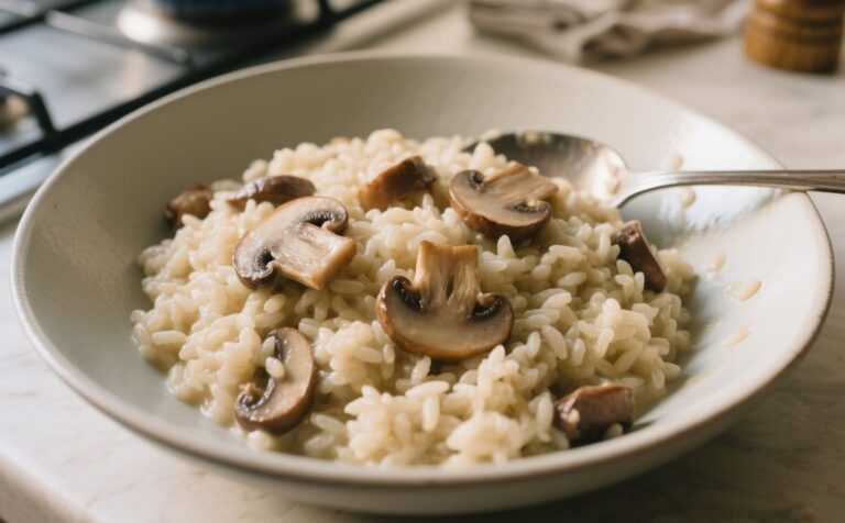 Creamy mushroom risotto with mushrooms mixed in, served in a bowl on a real kitchen table