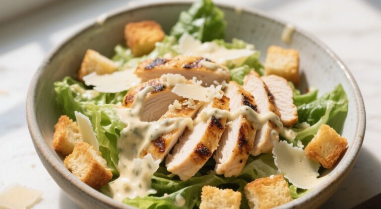 Homemade grilled chicken Caesar salad with romaine lettuce, Parmesan, croutons, and creamy dressing served in a bowl on a rustic kitchen table.