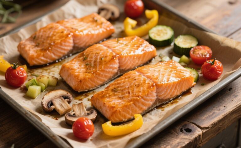 one-pan lemon herb salmon with roasted veggies on a baking tray