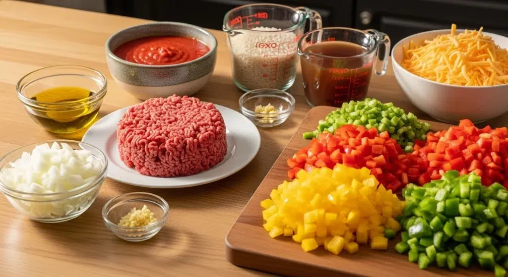 "Side view of fresh ingredients for one pot taco skillet including ground beef, diced onions, minced garlic, tomato sauce, white rice, beef broth, diced bell peppers, shredded cheddar cheese, and olive oil on a wooden countertop."