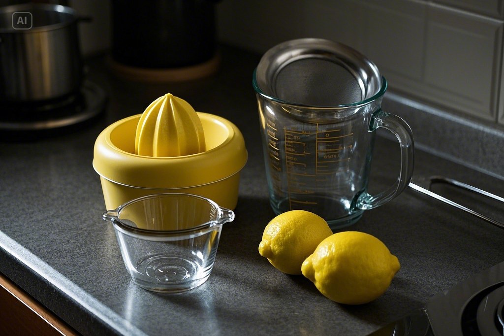 jimeng-2025-05-17-136-A countertop setup with a manual lemon squeezer, glass measuring cup, strainer...