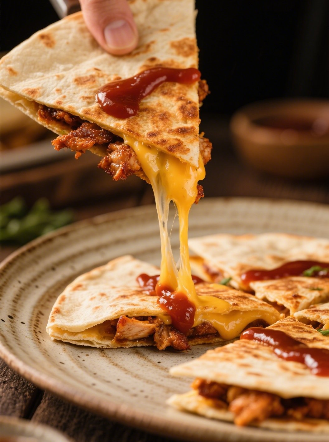 BBQ chicken quesadilla with melted cheese close-up