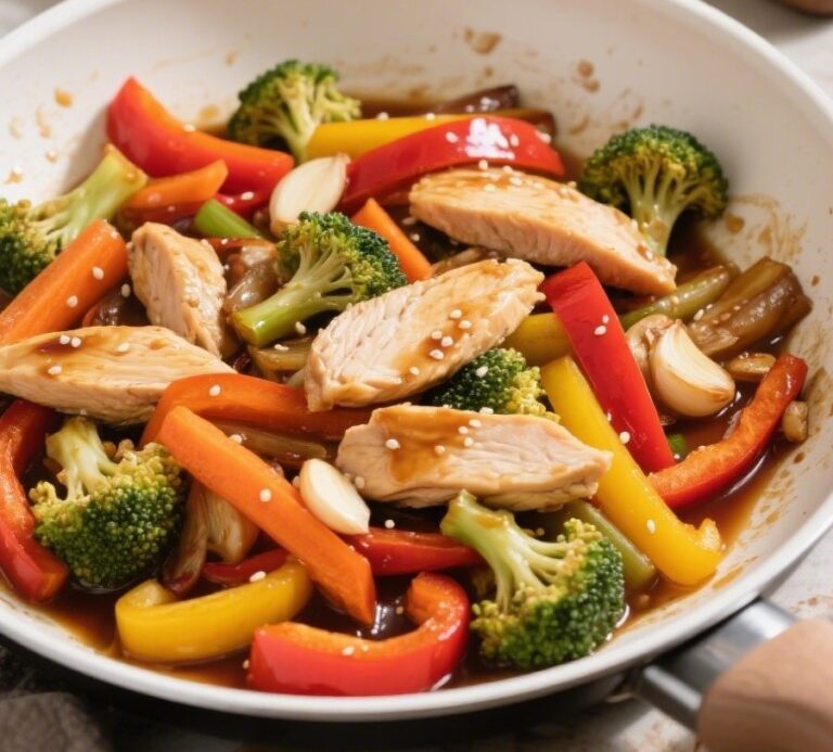Realistic home-cooked chicken and vegetable stir-fry in a white skillet with broccoli, bell peppers, and sliced chicken breast in savory sauce