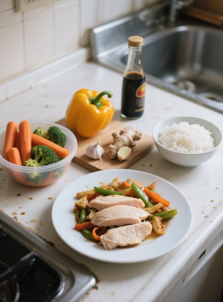 jimeng-2025-06-24-704-A modest aluminum kitchen with natural daylight. Ingredients for chicken and v...