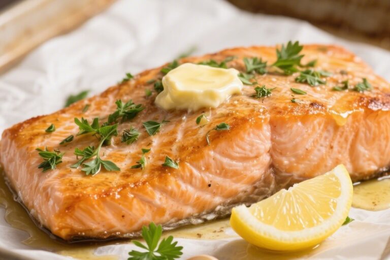 Baked lemon herb salmon with fresh herbs and lemon butter